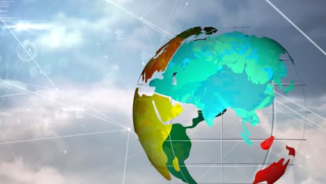 animación del globo y la red de conexiones sobre el cielo con nubes