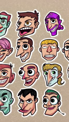 whimsical collection of cartoon character faces and heads