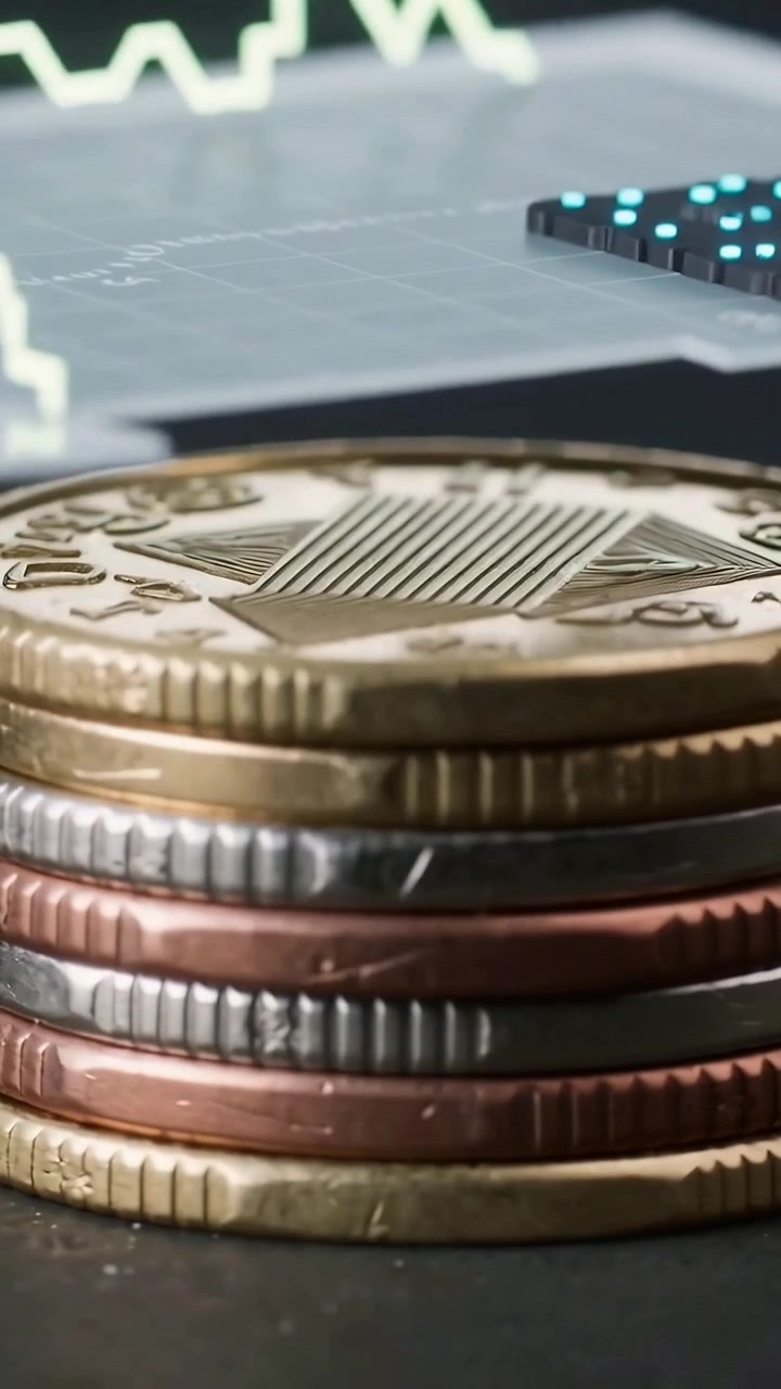 Vertical video: Shifting camera revealing coin stack on tabletop showing jagged chart with teal-LED