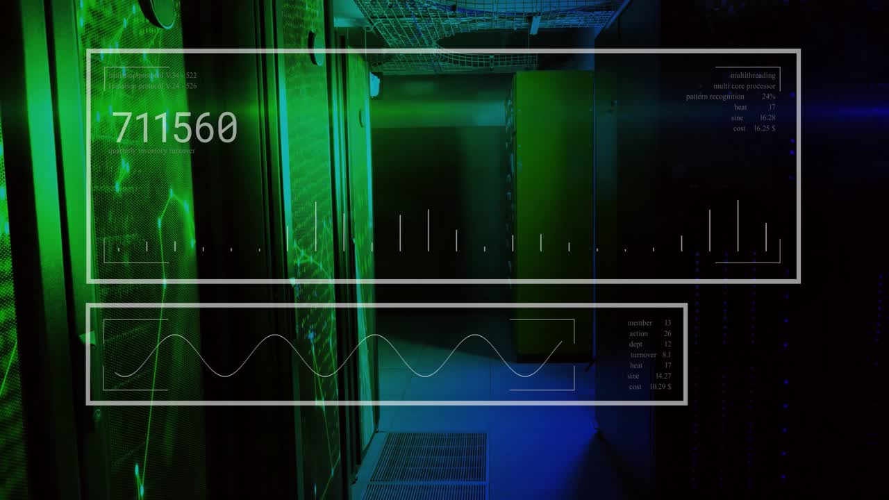 Scanning interface activating at start, displaying changing metrics visualizing server performance