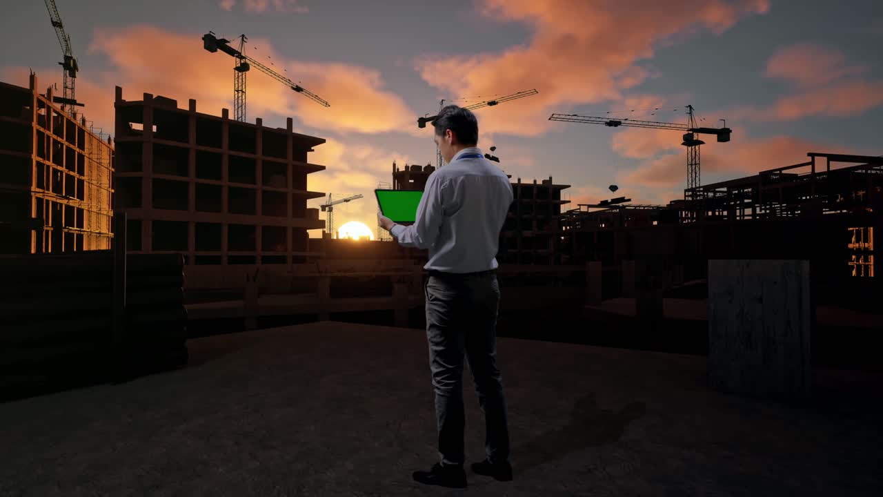 Vista posterior de cuerpo entero de un trabajador profesional asiático de pie con una tableta con pantalla verde en una obra en construcción de una nueva casa, instalación industrial