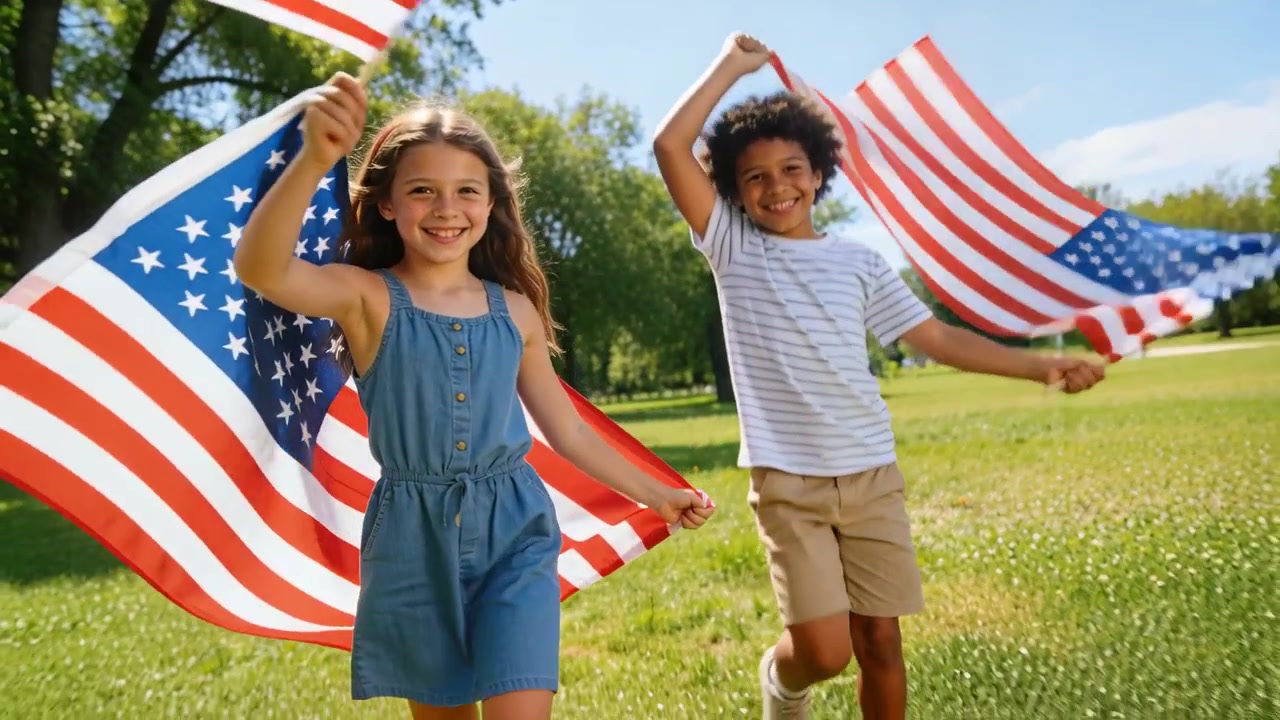 Running two children in summer clothes holding large American flags across sunlit park, playing