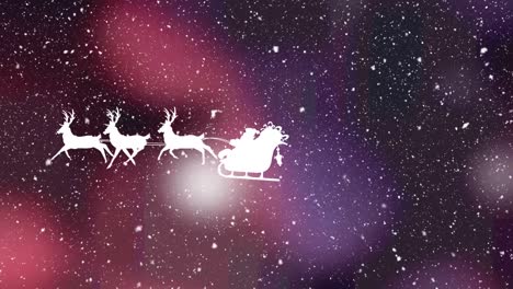 Snow-falling-over-santa-claus-in-sleigh-being-pulled-by-reindeers-against-purple-background