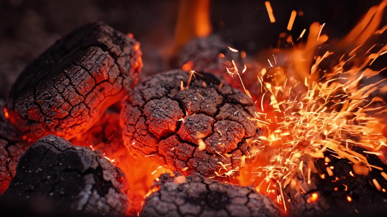 Des braises de charbon incandescentes rayonnent chaleur et lumière, révélant les fissures et textures complexes de briquettes carbonisées dans un gros plan captivant.