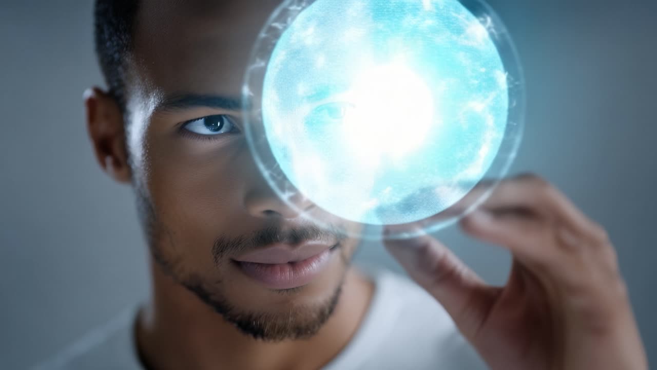 Un joven interactúa con un orbe digital brillante, que representa tecnología avanzada, innovación y la fusión de la inteligencia humana con la inteligencia artificial