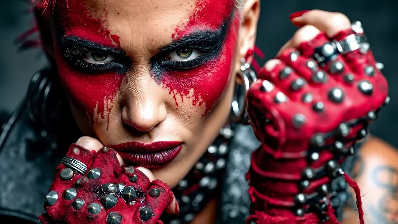 A woman with red paint on her face and hands