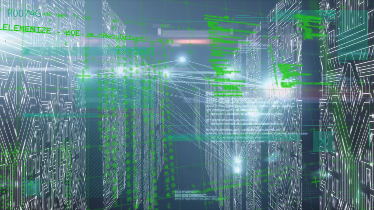 Animation of network of connections and data processing over moving columns