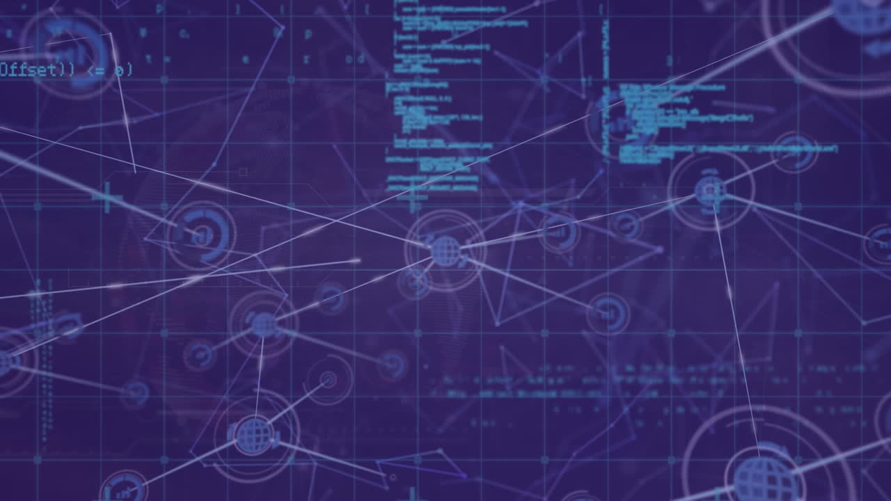 animación de la red de iconos digitales y procesamiento de datos sobre la red de cuadrícula contra un fondo azul