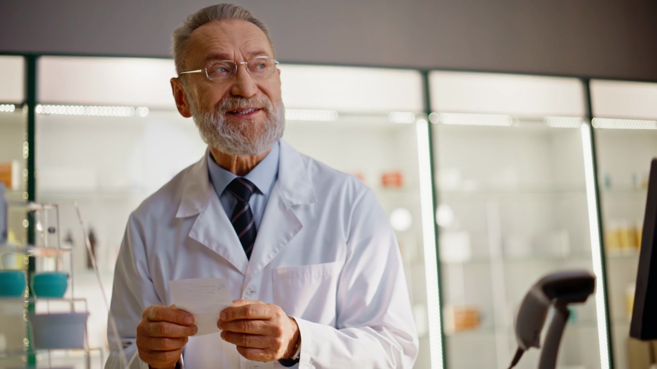 Farmacêutico idoso recebendo cliente, revisando receita e procurando comprimidos.