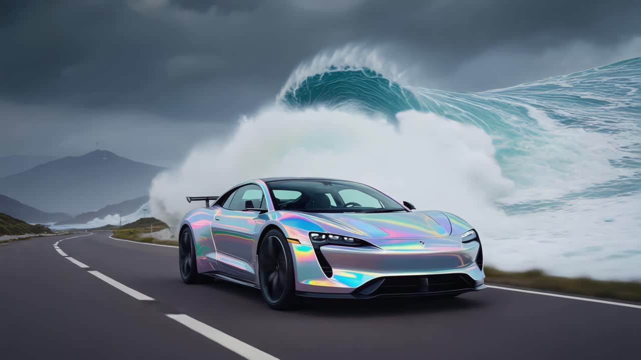 Holographic Sports Car on a Coastal Road with a Surreal Giant Wave
