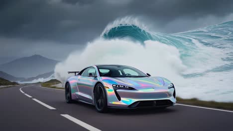holographic sports car on a coastal road with a surreal giant wave