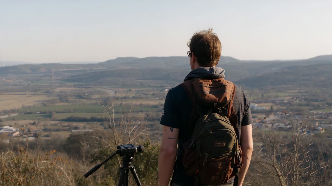 Panorama manzarasına karşı, duruşunu düzelten ve tepede kamerasını hazırlayan yetişkin adam, tripod solda