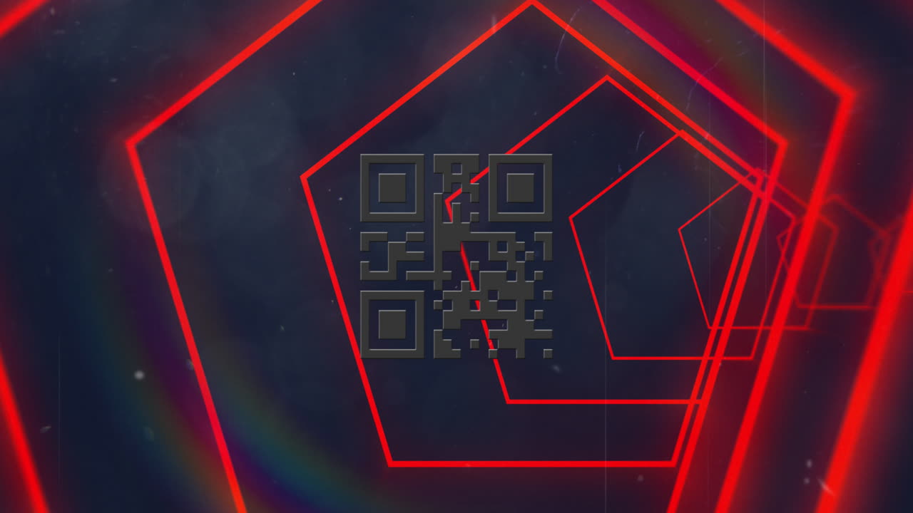 Animation of red neon geometrical shapes over qr code