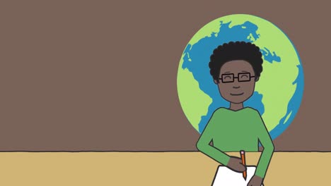 Animation-of-teacher-with-globe-icon-on-green-background