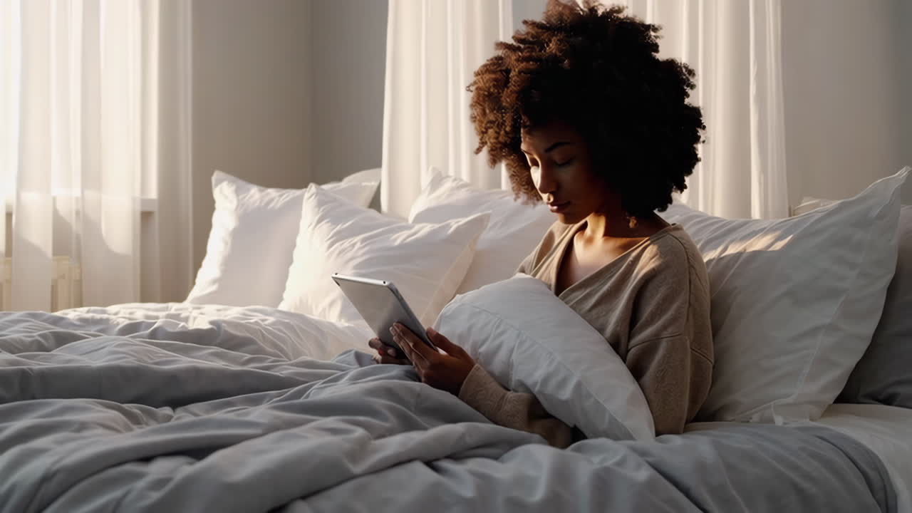 Donna che si rilassa a letto e usa un tablet