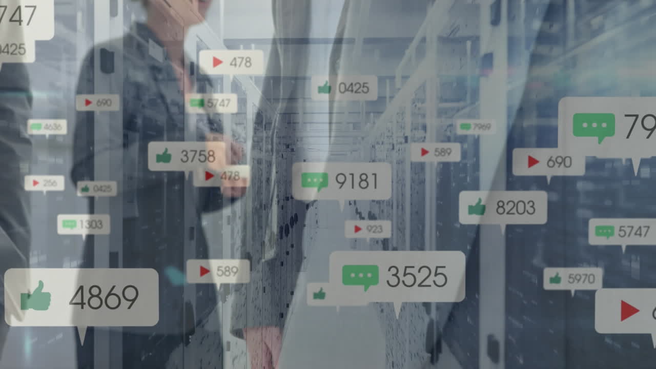 디지털 아이콘은 서버 방에서 손을 흔드는 사업가들의 중간 섹션에서 증가하는 숫자로