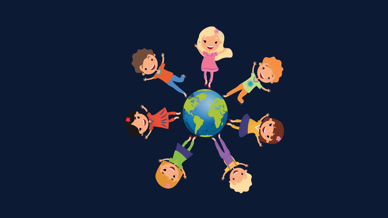Animation of smiling children standing on globe and waving on blue background