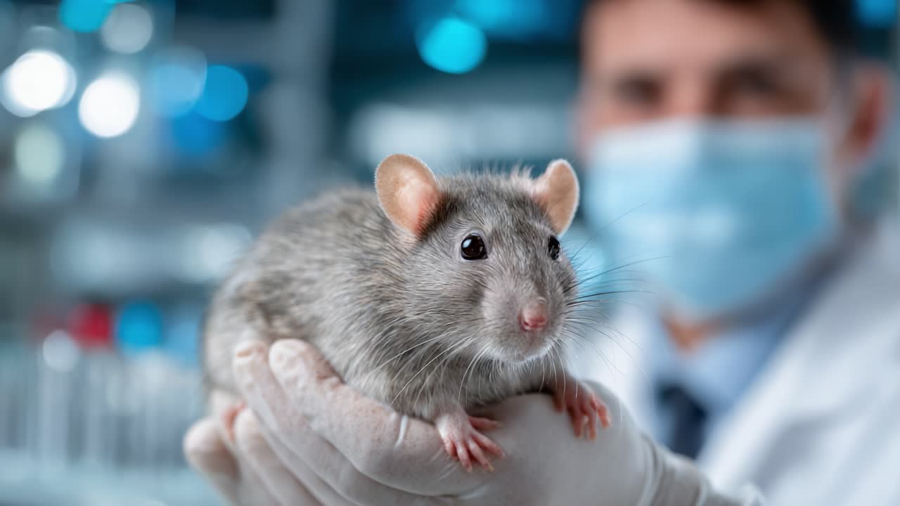 A Researcher Holds a Laboratory Rat in Their Hands While Wearing a Face Mask in a Controlled Science Environment Focused on Animal Studies and Experimentation