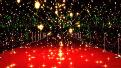 animation of gold and green dots falling over red carpet