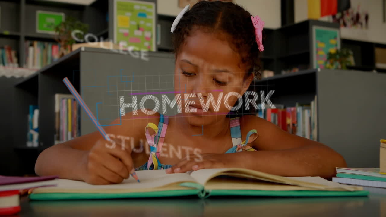 In school library, child studying with homework and animation text overlay
