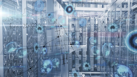 animation of mathematical equations and multiple round scanners against computer server room