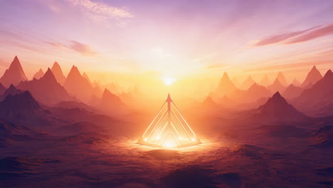 radiant pyramid structure in a mystical mountain landscape at sunset