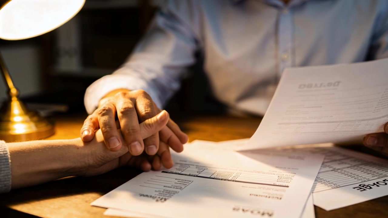 Reading financial forms, man wearing light shirt holding partner's hand at wooden desk, brass lamp