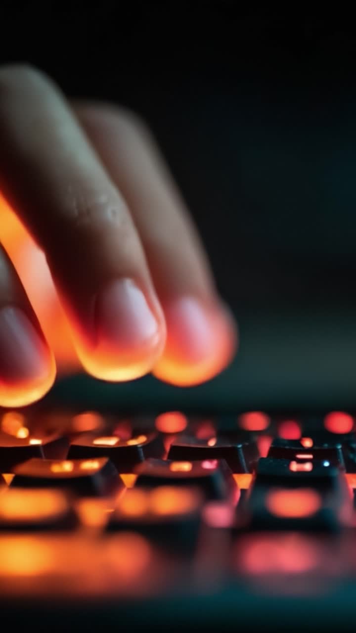 Close-Up sebuah Tangan Mengetik pada Keyboard dengan Lampu Latar, Menangkap Cahaya Halus dan Ketepatan Setiap Tekanan Tombol di Lingkungan yang Gelap