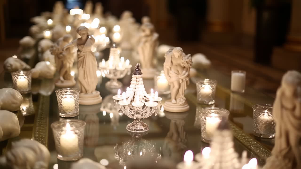 Elegant Table Decor with Classical Statues and Lit Candles