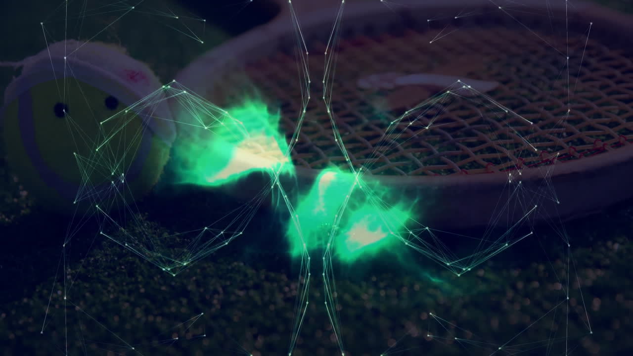 Tennis racket and smiley tennis ball being animated on green court, with glowing 3D mesh overlay
