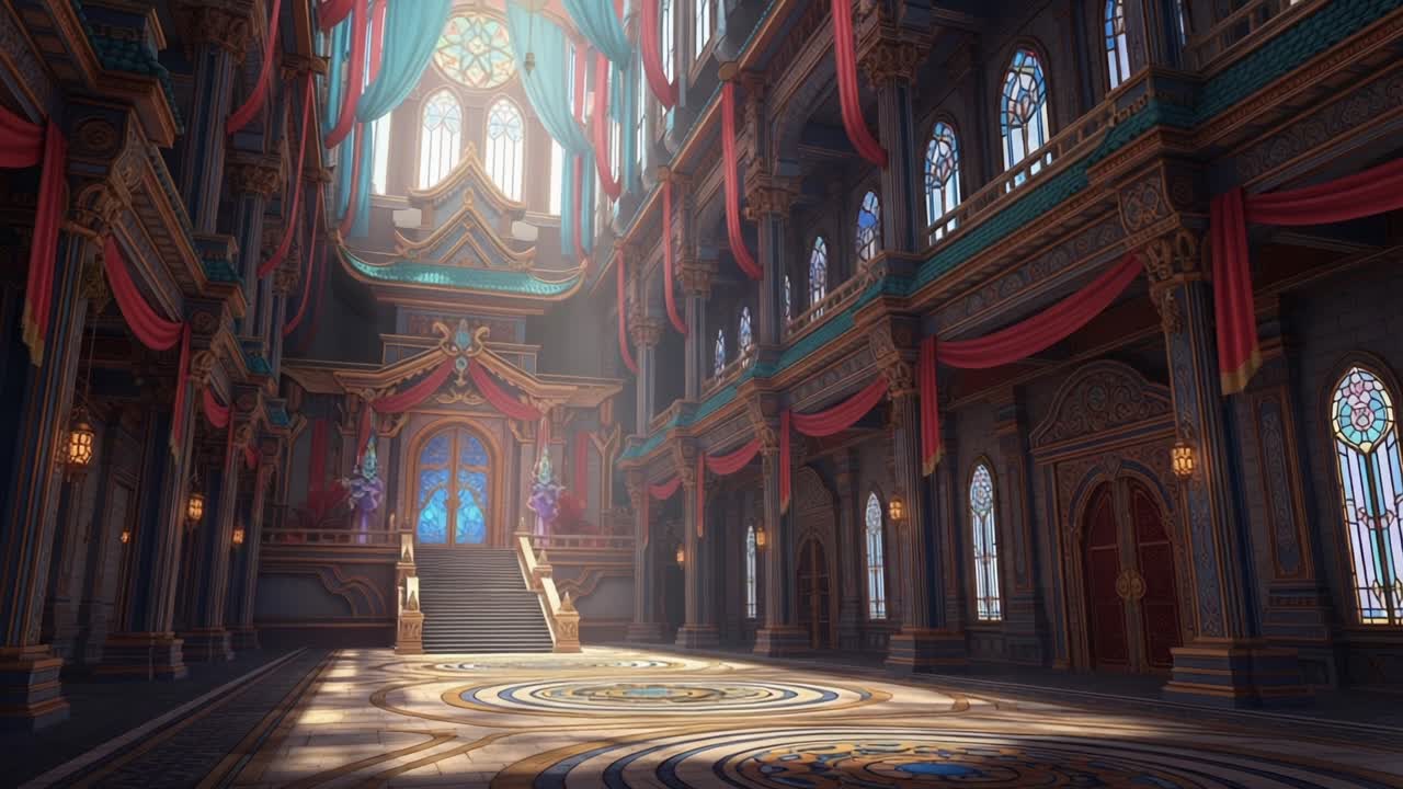 A Stunning Grand Hall Featuring Elaborate Architecture, Vibrant Colors, and Intricate Designs Awash in Natural Light, Perfect for a Regal Gathering or Event