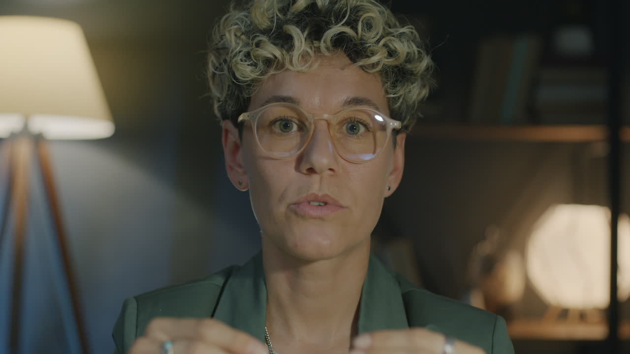 Woman holding pen in front of camera
