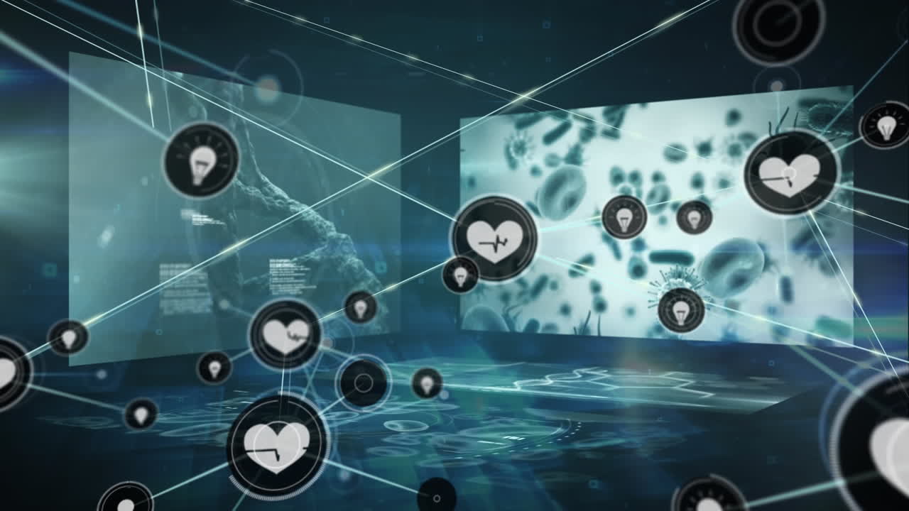 검은색 배경에 아이콘과 데이터 처리를 가진 연결 네트워크의 애니메이션