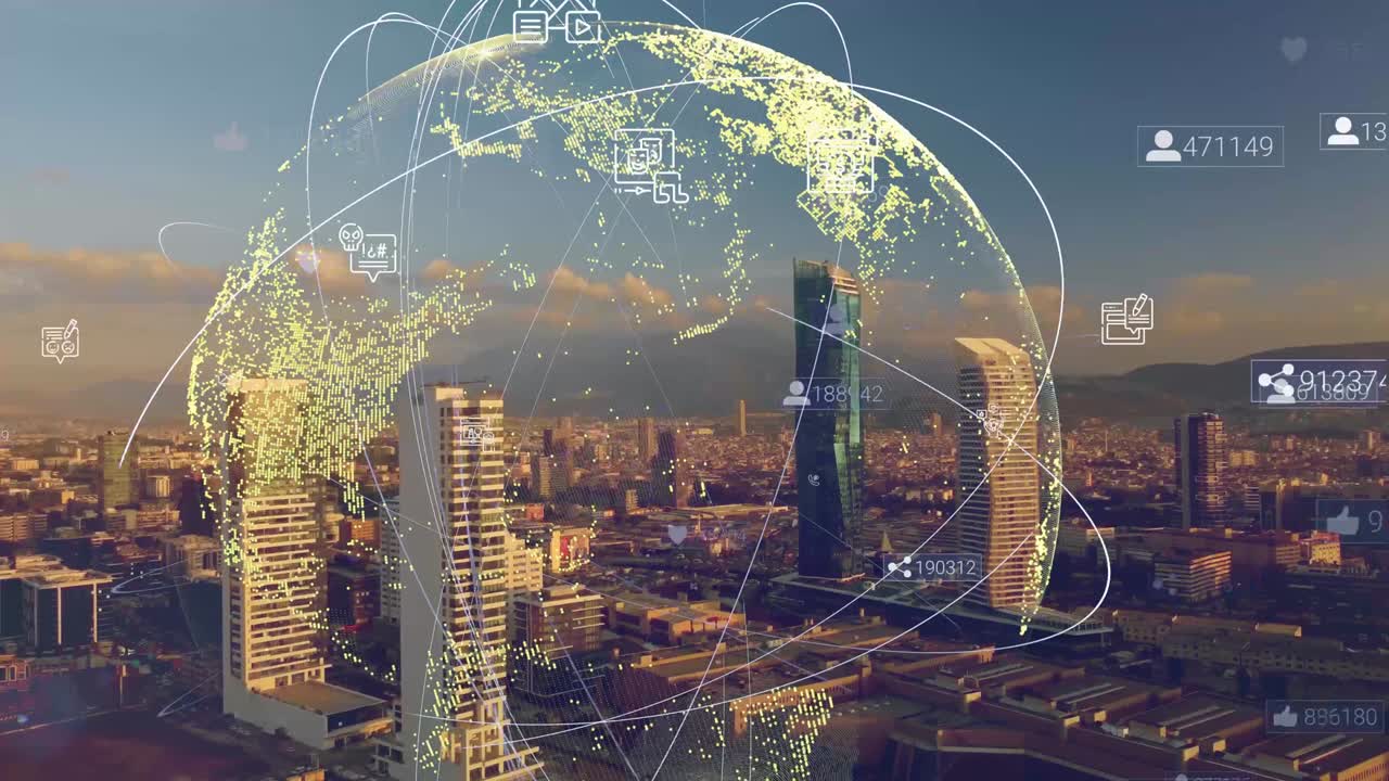 데이터 분석 인터페이스는 비즈니스 인텔리전스의 미래를 보여주는 스마트 시티를 비행합니다. 컴퓨터 소프트웨어와 인공 지능은 전략 계획을 위해 빅 데이터를 분석하는 데 사용됩니다.