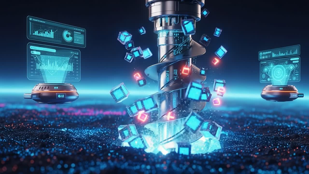 A High-Tech Data Extraction Process Captured in Stunning Visuals, Featuring a Spiral Mechanism Dislodging Digital Cubes and Projecting Data from Advanced Interfaces