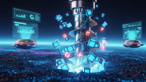 a high-tech data extraction process captured in stunning visuals, featuring a spiral mechanism dislodging digital cubes and projecting data from advanced interfaces