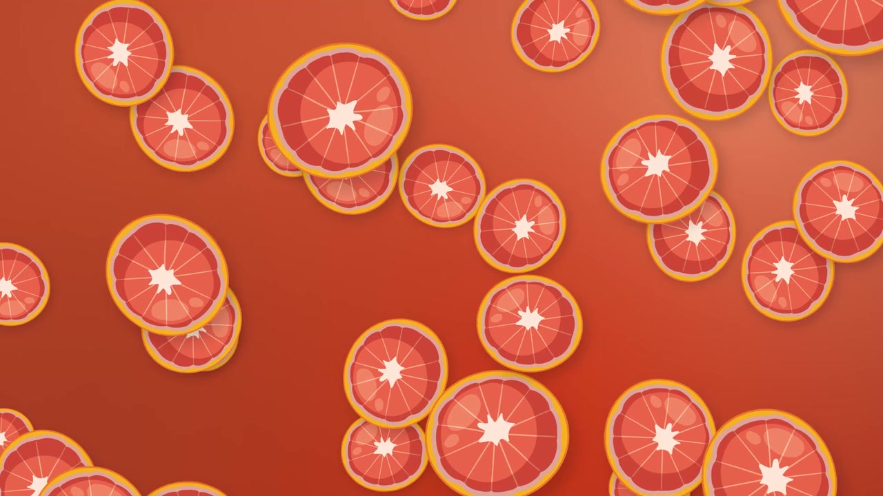 Fette di pompelmo stilizzate cadono continuamente su uno sfondo sfumato rosso vibrante con texture a rete.