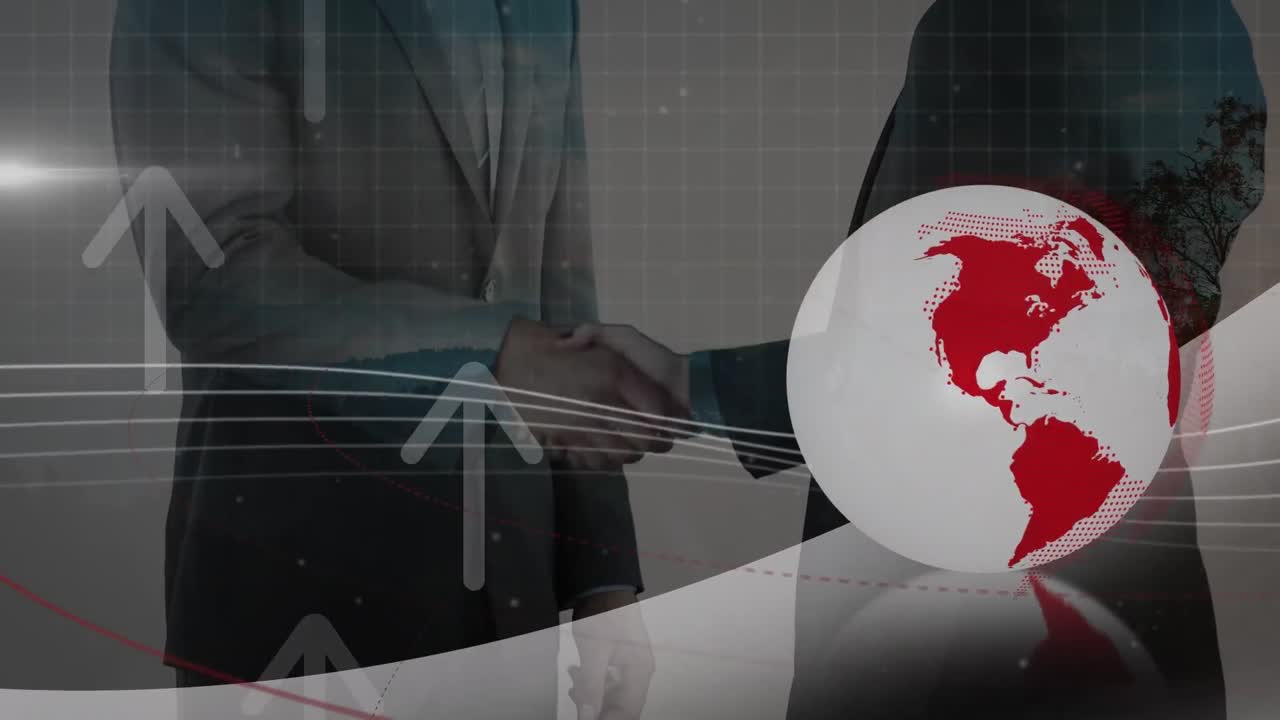 animación de un globo girando y flechas sobre personas que se dan la mano