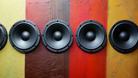 a row of speakers sitting on top of a colorful wall