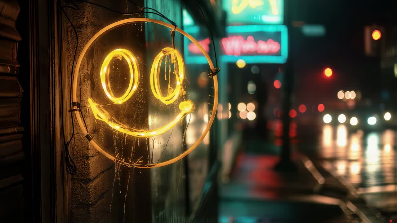 Glowing circular neon smiley sign hanging on urban wall, casting light across wet nighttime street with blurred vehicle headlights and colorful background signage