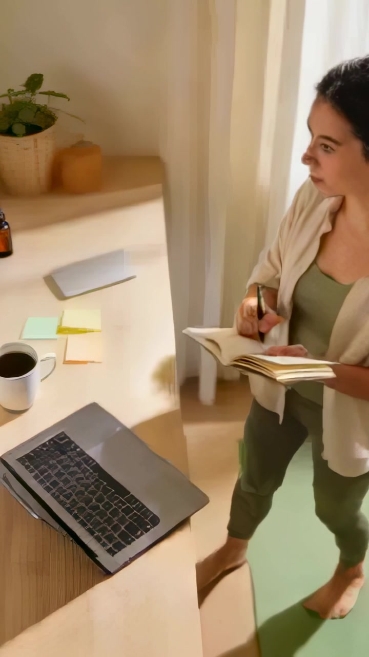 Video vertical: Mujer de verde sosteniendo un cuaderno, alcanzando una botella ámbar junto a un portátil en casa, tomando notas.