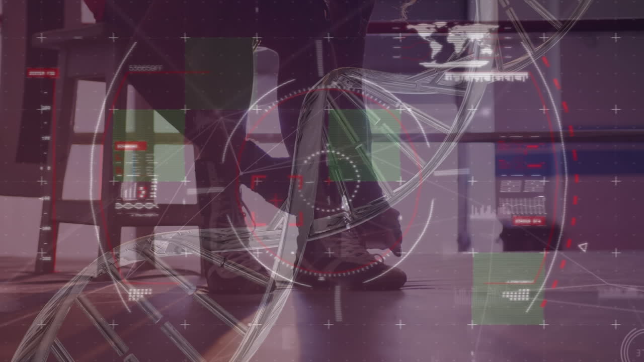 animación de pantalla con datos científicos y adn sobre las piernas de un hombre caucásico atando zapatos