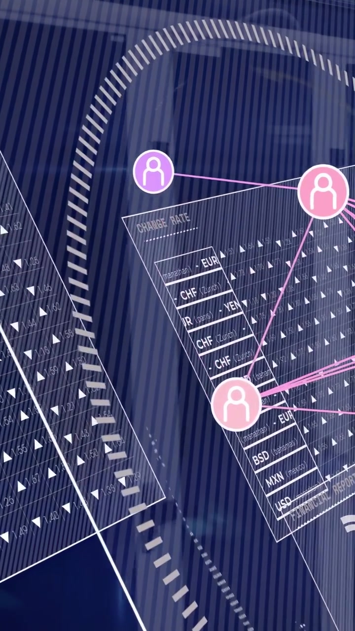 Vertical video: On start left panel sliding, hologram panels rotating, nodes mapping currency flow