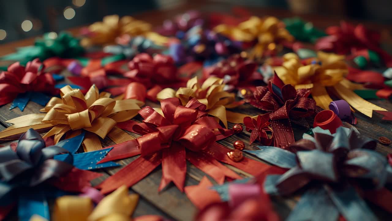Camera shifting focus and panning across tabletop revealing ribbon bows celebrating festive mood