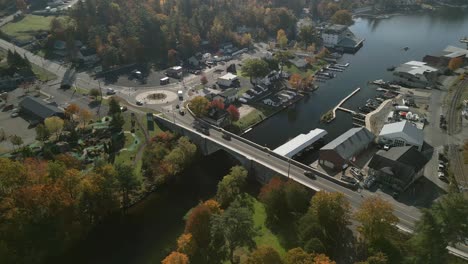 traffic crossing a bridge and going through a traffic circle