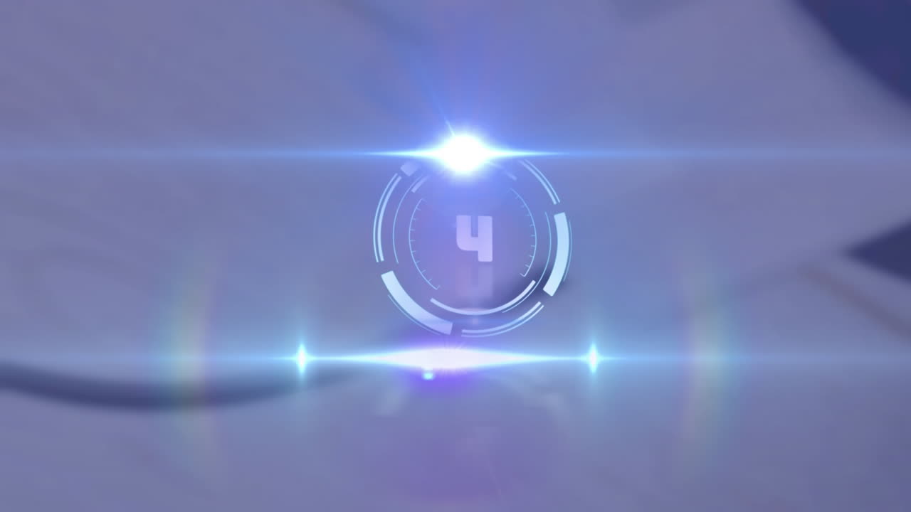 Animation of rotating scope scanning with countdown over light trail on blurred background