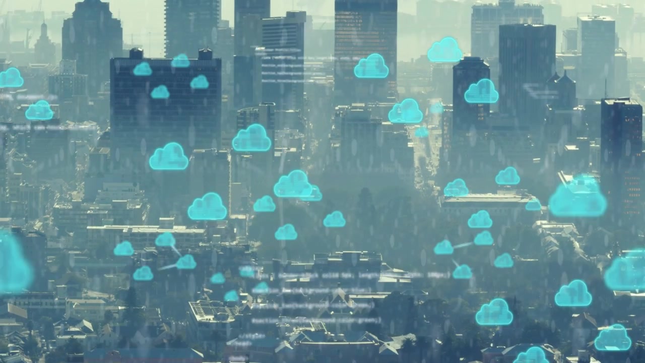 Aerial skyline showing tech data causing cyan cloud icons growing linking tagging roofs fading