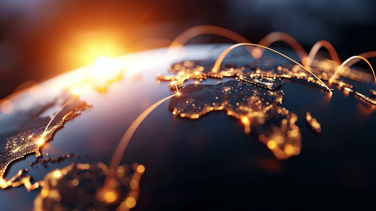 A Stunning Visual of Earth with Glittering Connections and Glowing Landmasses Captured at Dawn, Symbolizing Global Networking and Technological Evolution Across Continents