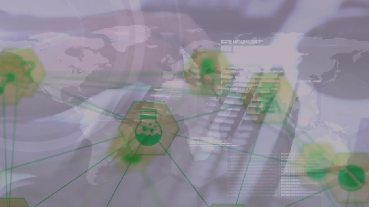 아이콘과 데이터 처리로 연결된 네트워크의 애니메이션과 키보드에 손으로 타이핑하는 것