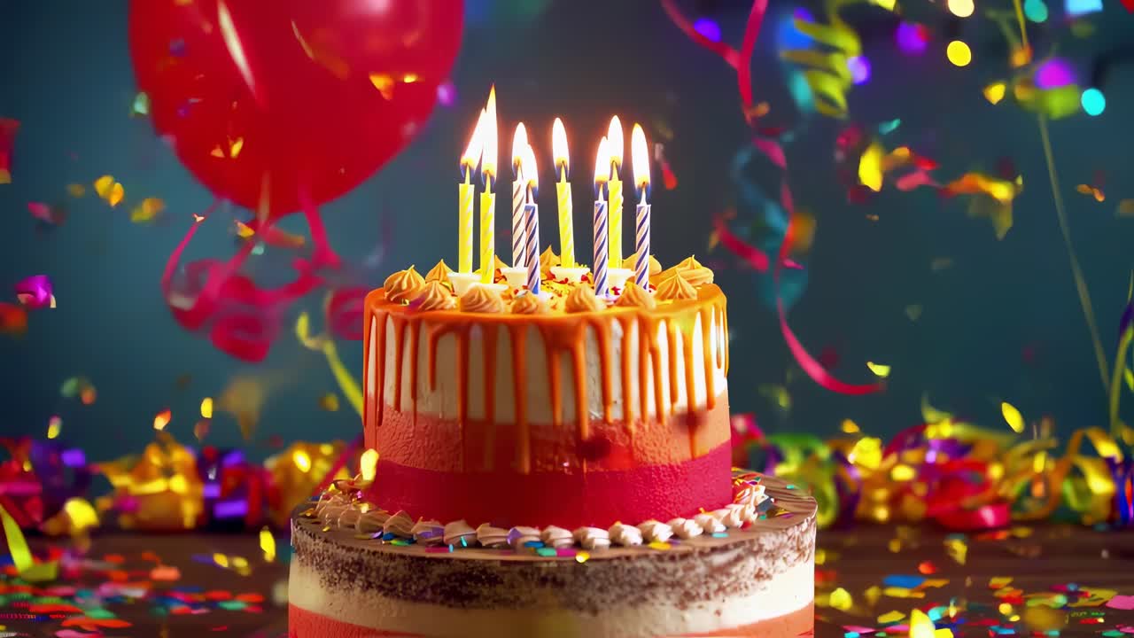 Colorful two tiered birthday cake standing with lit candles, surrounded by vibrant balloons, receiving shower of festive confetti falling elegantly